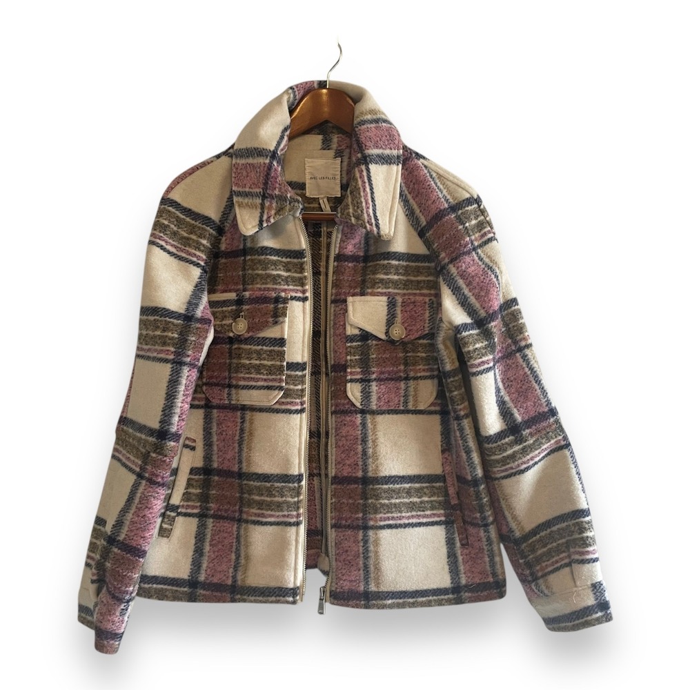 Avec Les Filles Plaid Zip Front Jacket Pink Cream Brown Shacket Women's Medium